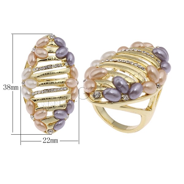 Glass Pearl Zinc Alloy Finger Ring, Horse Eye, real gold plated, different size for choice & for woman & with glass pearl & with rhinestone, multi-colored, nickel, lead & cadmium free, 22x38x25mm, Sold By PC