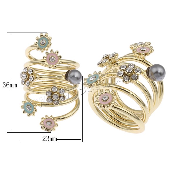 Glass Pearl Zinc Alloy Finger Ring, Flower, real gold plated, different size for choice & for woman & with glass pearl & enamel & with rhinestone, nickel, lead & cadmium free, 23x36x27mm, Sold By PC