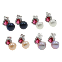 Freshwater Pearl Stud Earring, brass post pin, Button, silver color plated, micro pave cubic zirconia 9-9.5mm 