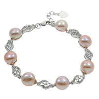 Cultured Freshwater Pearl Brass Bracelet, with Brass, with 3cm extender chain, Button, platinum color plated, micro pave cubic zirconia, purple, 9-10mm Approx 6 Inch 