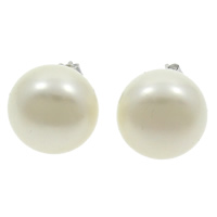 Freshwater Pearl Stud Earring, brass post pin, Button, silver color plated, natural, white, 13-14mm 