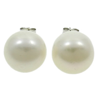 Freshwater Pearl Stud Earring, brass post pin, Dome, natural, white, 13-14mm 