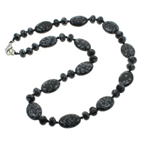 Schneeflocken-Obsidian Halskette, Schneeflocke Obsidian, Zinklegierung Karabinerverschluss, flachoval, natürlich, 8x5mm, 13x18x6mm, Länge:ca. 17 ZollInch, verkauft von Strang
