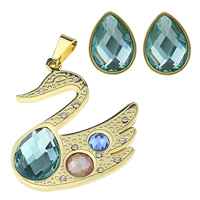 Stainless Steel Jewelry Set, pendant & earring, with Glass, Swan, gold color plated, faceted & with rhinestone  Approx 