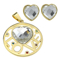 Stainless Steel Jewelry Set, pendant & earring, with Glass, word love, gold color plated, with rhinestone & hollow  Approx 