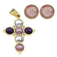 Stainless Steel Jewelry Set, pendant & earring, with Glass, Cross, gold color plated, faceted & with rhinestone Approx 