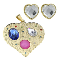 Stainless Steel Jewelry Set, pendant & earring, with Glass, Heart, gold color plated, faceted & with rhinestone  Approx 