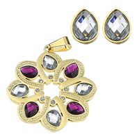 Stainless Steel Jewelry Set, pendant & earring, with Glass, Flower, gold color plated, faceted & with rhinestone & hollow  Approx 