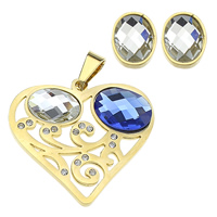 Stainless Steel Jewelry Set, pendant & earring, with Glass, Heart, gold color plated, faceted & with rhinestone & hollow  Approx 