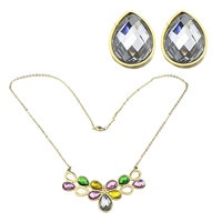 Stainless Steel Jewelry Set, earring & necklace, with Rhinestone Clay Pave & Glass, gold color plated, oval chain & faceted 2mm Approx 18 Inch 