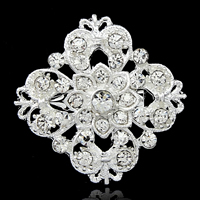 Broche de diamantes de imitación de la aleación de Zinc, Flor, chapado en color de plata, con diamantes de imitación, libre de níquel, plomo & cadmio, 2.9x2.9cm, Vendido por UD