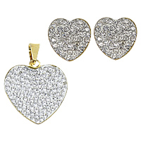 Rhinestone stainless steel Jewelry Set, pendant & earring, with Rhinestone Clay Pave, Heart, gold color plated, clear  Approx 