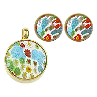 Fashion Stainless Steel Jewelry Sets, pendant & earring, with Murano Millefiori Lampwork, Flat Round, gold color plated  Approx 5mm 