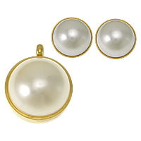 Fashion Stainless Steel Jewelry Sets, pendant & earring, with Plastic Pearl, Dome, gold color plated, white  Approx 5mm 