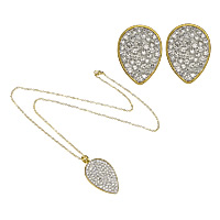 Rhinestone stainless steel Jewelry Set, earring & necklace, with Rhinestone Clay Pave, Teardrop, gold color plated, oval chain, clear Approx 20 Inch 