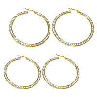 Stainless Steel Hoop Earring, with Rhinestone Clay Pave, gold color plated 