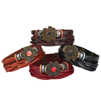 Cowhide Bracelets, with Non Magnetic Hematite & Wood & Resin & Zinc Alloy, stainless steel snap clasp, plated, adjustable Inch 