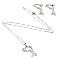 Fashion Stainless Steel Jewelry Sets, earring & necklace, Dolphin, oval chain, original color 1.5mm Approx 18 Inch 