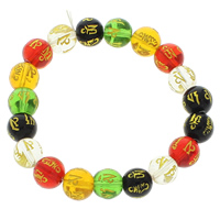Wrist Mala, Glass, Round, Buddhist jewelry & om mani padme hum & gold accent, multi-colored Approx 7.5 Inch 