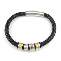 Men Bracelet, PU Leather, with Stainless Steel, plated, black 6mm .5 Inch 