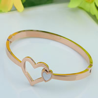 Acier titane bracelet ordinaire, avec coquille blanche, coeur, Plaqué de couleur d'or rose Diamètre inté Environ Environ 7 pouce, Vendu par PC