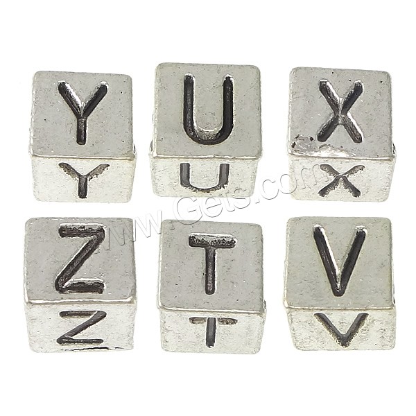 Zinc Alloy European Alphabet Beads, Cube, antique silver color plated, different designs for choice & without troll, 7x7x7mm, Hole:Approx 5mm, Sold By PC