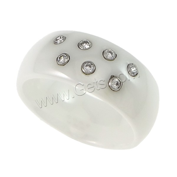 Alumina Ceramic Finger Ring, with Tungsten Alloy, platinum color plated, different size for choice & with rhinestone, white, 8mm, Sold By PC