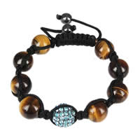 Gemstone Woven Ball Bracelets, Tiger Eye, with Nylon Cord & Zinc Alloy, plumbum black color plated, adjustable & with rhinestone, 12mm Approx 7-10 Inch 