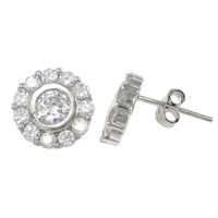Cubic Zirconia Micro Pave Sterling Silver Earring, 925 Sterling Silver, Flat Round, platinum plated, micro pave cubic zirconia 