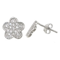 Cubic Zirconia Micro Pave Sterling Silver Earring, 925 Sterling Silver, Flower, platinum plated, micro pave cubic zirconia 