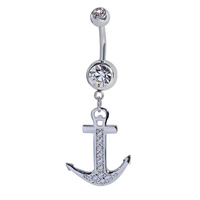 Zinc Alloy Belly Ring, Anchor, real silver plated, with rhinestone, 17x12,6mm 