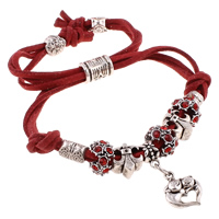 Fashion Velveteen Cord Bracelets, Zinc Alloy, with Velveteen Cord, Heart, antique silver color plated, charm bracelet & adjustable & with rhinestone, red, nickel, lead & cadmium free Approx 7.5 Inch 
