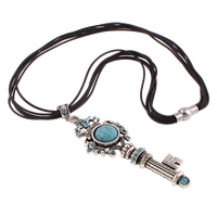 Waxed Linen Cord Necklace, Zinc Alloy, with Waxed Linen Cord & turquoise, Key, antique silver color plated, with rhinestone & multi-strand, nickel, lead & cadmium free Approx 18 Inch 