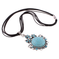 Waxed Linen Cord Necklace, Zinc Alloy, with Waxed Linen Cord & turquoise, Flat Round, antique silver color plated, with rhinestone & multi-strand, nickel, lead & cadmium free Approx 18 Inch 