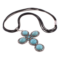 Waxed Linen Cord Necklace, Zinc Alloy, with Waxed Linen Cord & turquoise, Cross, antique silver color plated, with rhinestone & multi-strand, nickel, lead & cadmium free Approx 18 Inch 