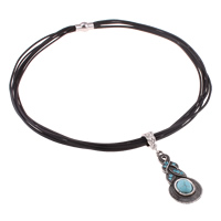 Waxed Linen Cord Necklace, Zinc Alloy, with Waxed Linen Cord & turquoise, antique silver color plated, with rhinestone, nickel, lead & cadmium free Approx 18 Inch 