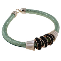 PU Leather Cord Bracelets, with Glass Seed Beads & Copper Coated Plastic, gold color plated, green Approx 7.5 Inch 