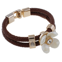 PU Leather Cord Bracelets, with ABS Plastic Pearl & Copper Coated Plastic, Flower, gold color plated, with rhinestone & , coffee color  Approx 7.5 Inch 