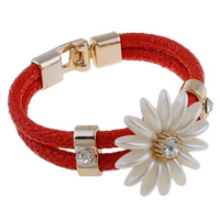 PU Leather Cord Bracelets, with ABS Plastic Pearl & Copper Coated Plastic, Flower, gold color plated, with rhinestone & , red  Approx 8 Inch 