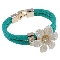 PU Leather Cord Bracelets, with ABS Plastic Pearl & Copper Coated Plastic, Flower, gold color plated, with rhinestone & , turquoise blue  Approx 8 Inch 