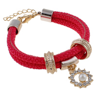 PU Leather Cord Bracelets, with ABS Plastic Pearl & Copper Coated Plastic & Zinc Alloy, with 6.5cm extender chain, gold color plated, charm bracelet & with rhinestone & , red Approx 7 Inch 