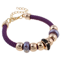 PU Leather Cord Bracelets, with Porcelain & Glass Seed Beads & Copper Coated Plastic, with 6.2cm extender chain, gold color plated, purple  Approx 7.5 Inch 