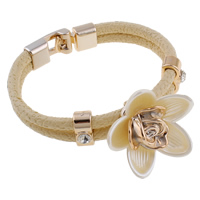 PU Leather Cord Bracelets, with ABS Plastic Pearl & Copper Coated Plastic, Flower, gold color plated, with rhinestone & , beige Approx 8.5 Inch 