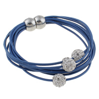 Cowhide Bracelets, with Rhinestone Clay Pave Bead, platinum color plated, multi-strand, blue, 10mm, 2mm Approx 7 Inch 