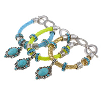 PU Leather Cord Bracelets, with turquoise & Copper Coated Plastic & Zinc Alloy, Flat Oval, plated, charm bracelet & with rhinestone Approx 9 Inch 