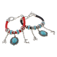 PU Leather Cord Bracelets, with turquoise & Copper Coated Plastic & Zinc Alloy, Flat Oval, plated, charm bracelet & with rhinestone Approx 9 Inch 