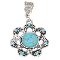 Turquoise Zinc Alloy Pendants, with turquoise, Flower, antique silver color plated, with rhinestone, nickel, lead & cadmium free Approx 
