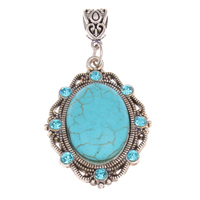 Turquoise Zinc Alloy Pendants, with turquoise, Flat Oval, antique silver color plated, with rhinestone, nickel, lead & cadmium free Approx 