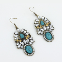 Fashion Statement Earring, Zinc Alloy, with turquoise & Crystal, antique gold color plated, faceted & with rhinestone 