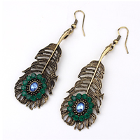 Zinc Alloy Rhinestone Drop Earring, with Crystal, Feather, antique gold color plated, faceted & with rhinestone 